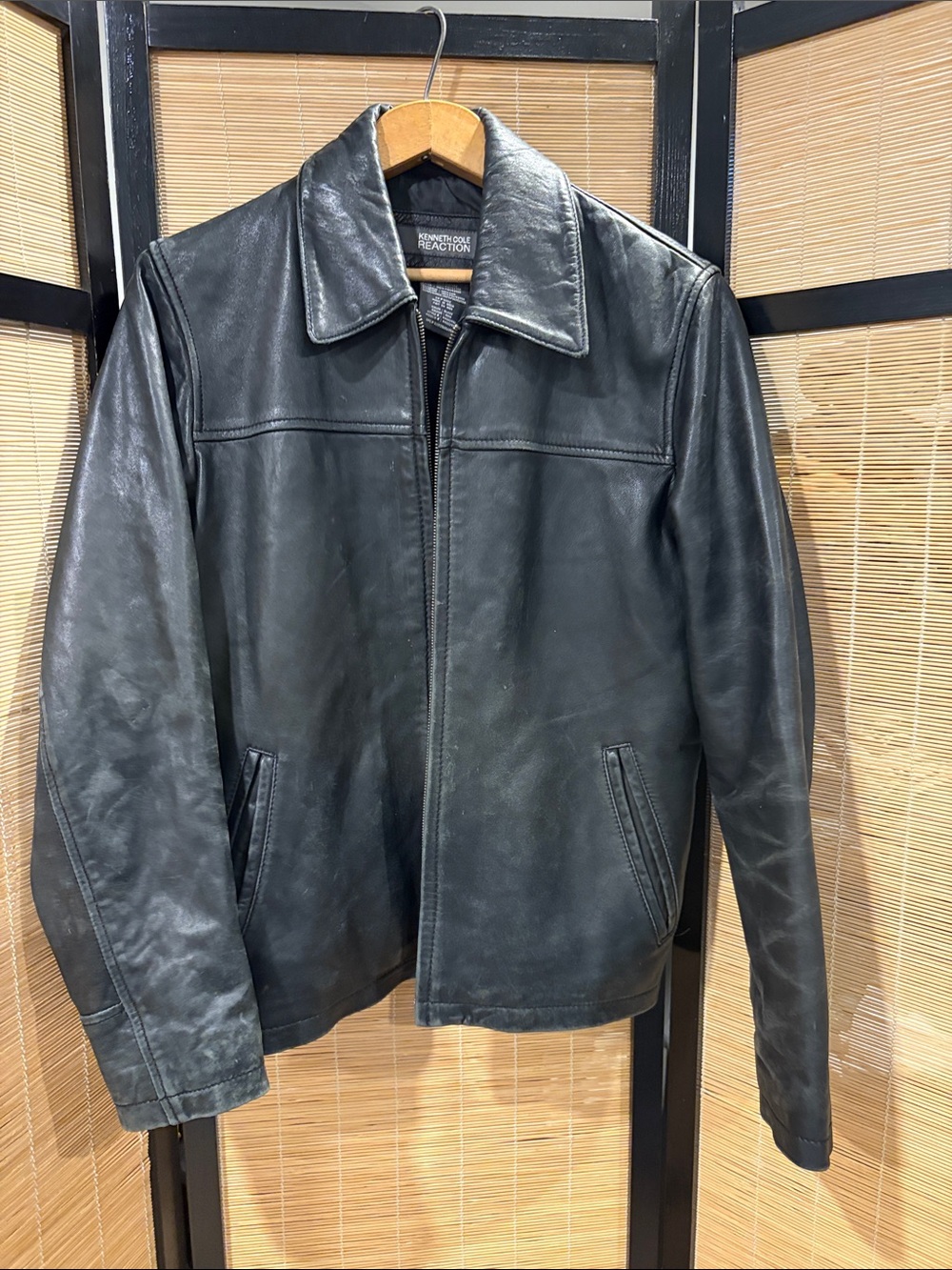 Kenneth Cole Reaction Black Leather Bomber Jacket